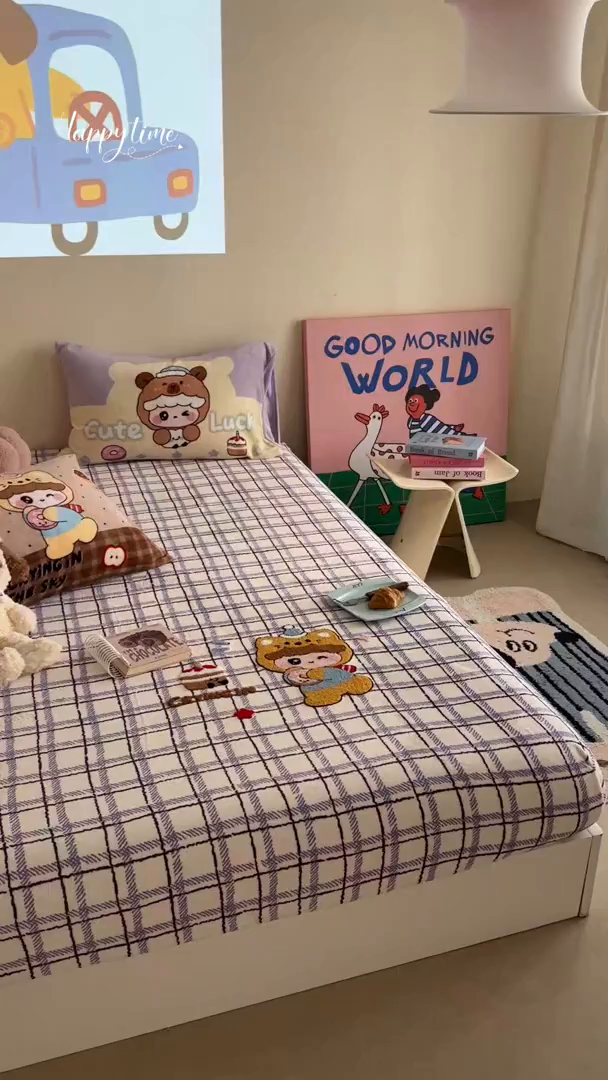 91家纺网 家纺一手货源 找家纺 柚子YOUTH 2025新款加厚牛奶绒卡通毛巾绣床笠三件套 熊宝