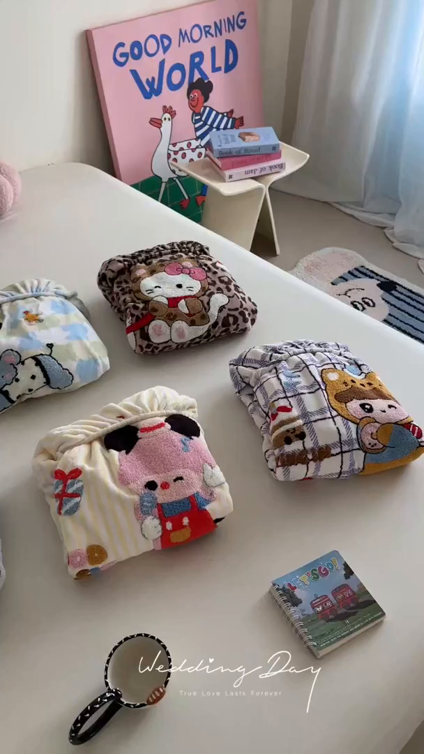 91家纺网 家纺一手货源 找家纺 柚子YOUTH 2025新款加厚牛奶绒卡通毛巾绣床笠三件套 组合