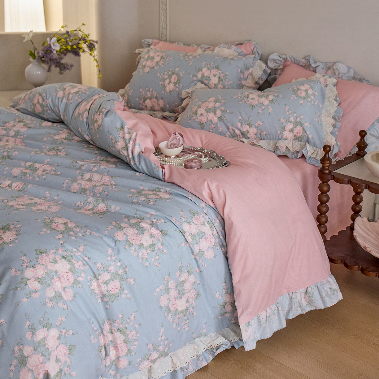 91家纺网 家纺一手货源 找家纺 清雅福 2025春夏新品全棉13372法式双层花边系列四件套 安妮公主兰