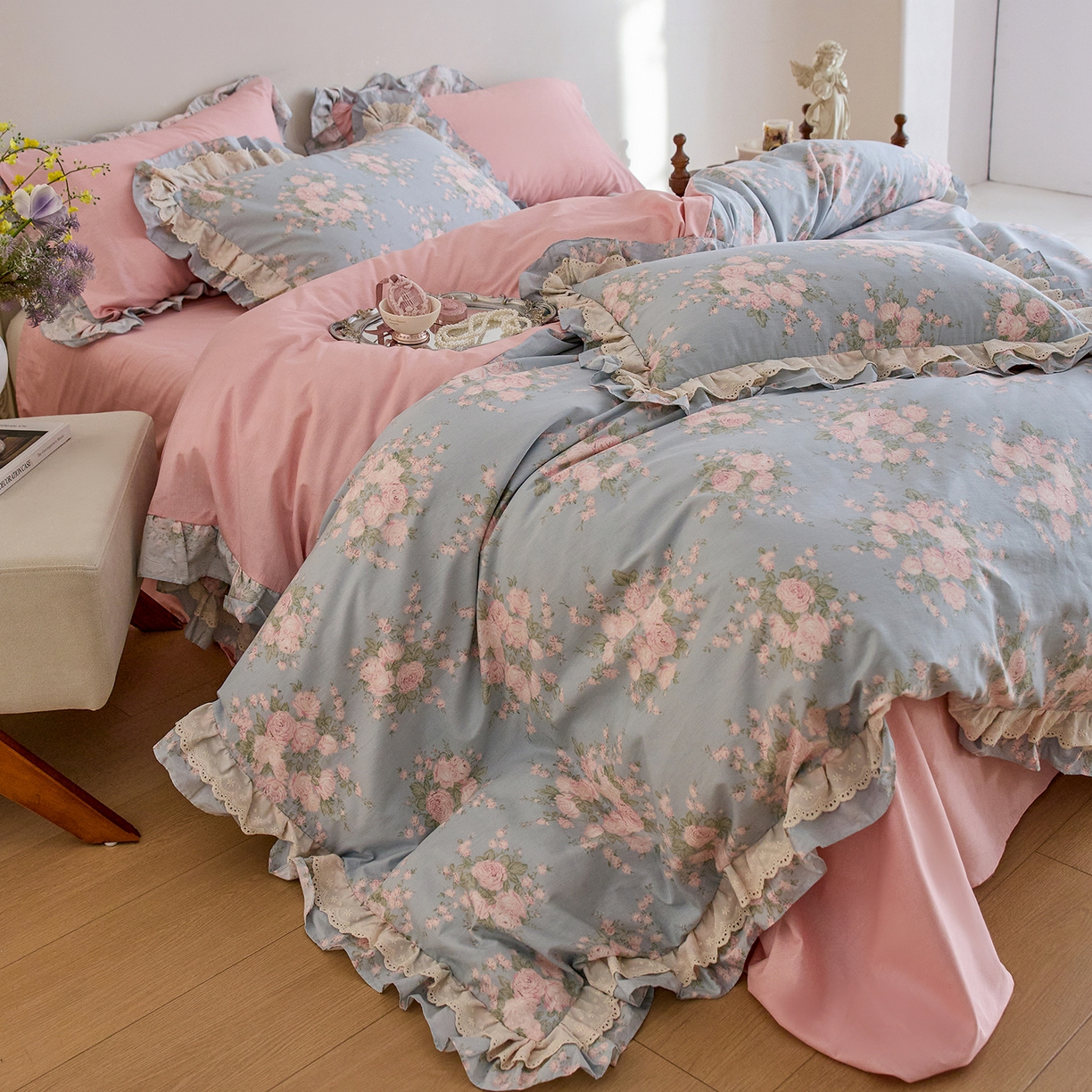 91家纺网 家纺一手货源 找家纺 清雅福 2025春夏新品全棉13372法式双层花边系列四件套 安妮公主兰