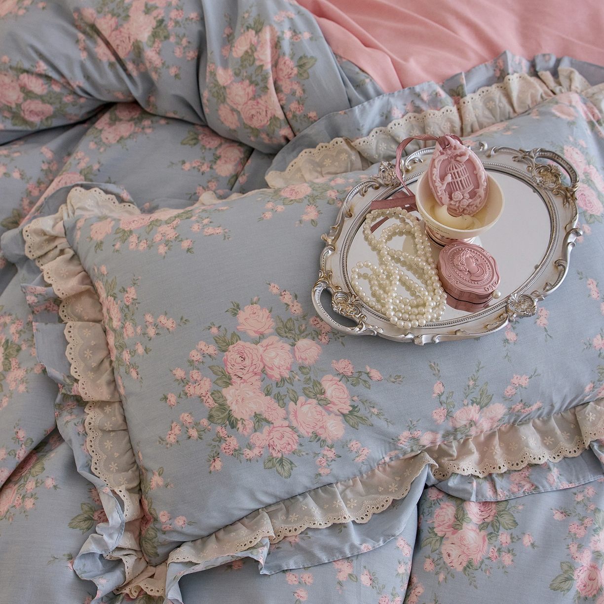 91家纺网 家纺一手货源 找家纺 清雅福 2025春夏新品全棉13372法式双层花边系列四件套 安妮公主兰