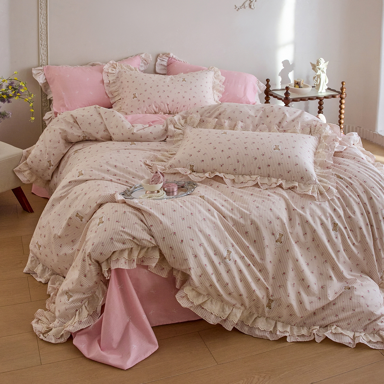 清雅福 2025春夏新品全棉13372法式双层花边系列四件套 萌熊乐园