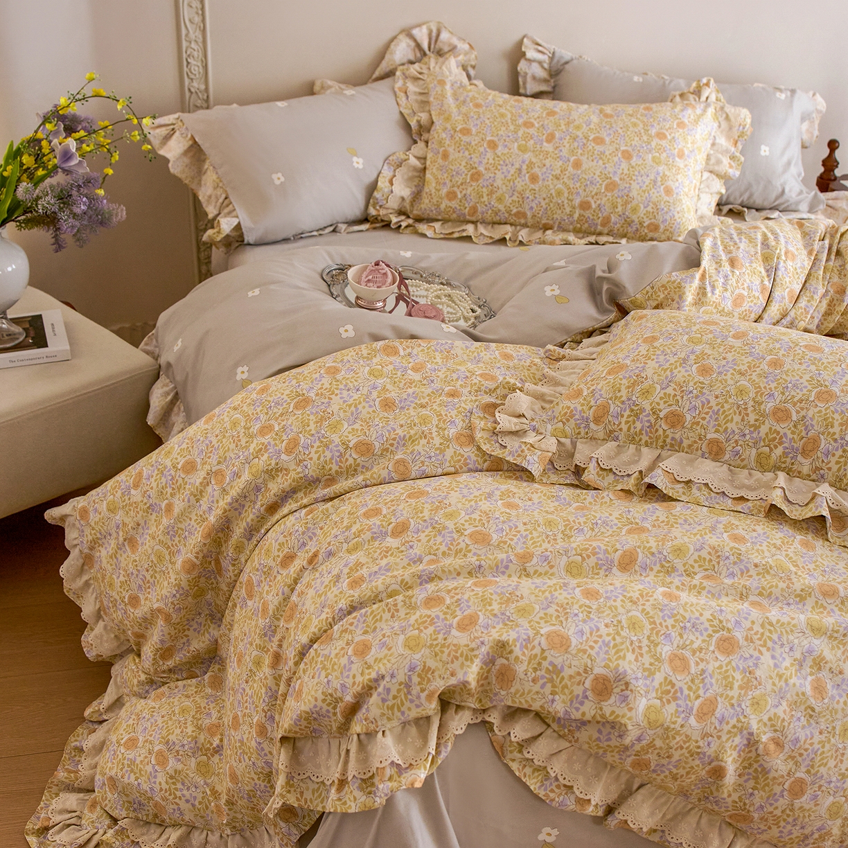 91家纺网 家纺一手货源 找家纺 清雅福 2025春夏新品全棉13372法式双层花边系列四件套 恋爱未满