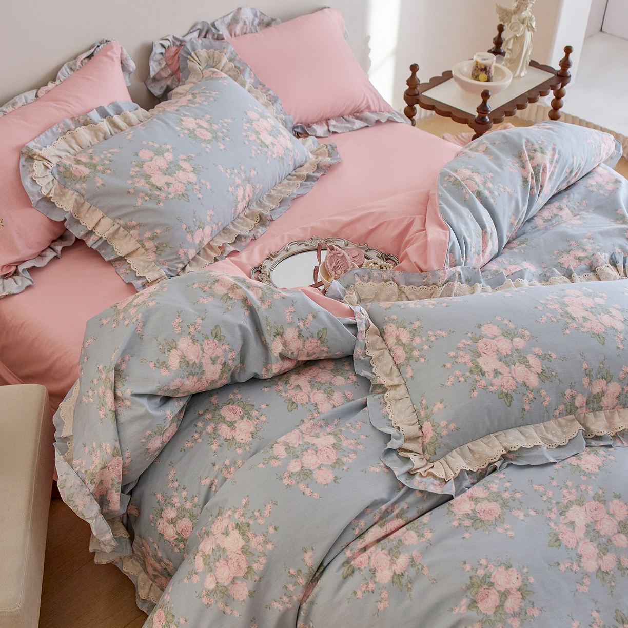 91家纺网 家纺一手货源 找家纺 清雅福 2025春夏新品全棉13372法式双层花边系列四件套 安妮公主兰