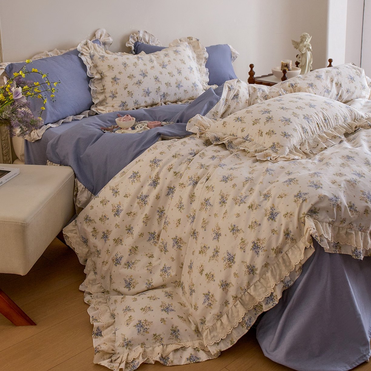 91家纺网 家纺一手货源 找家纺 清雅福 2025春夏新品全棉13372法式双层花边系列四件套 兔兔花园