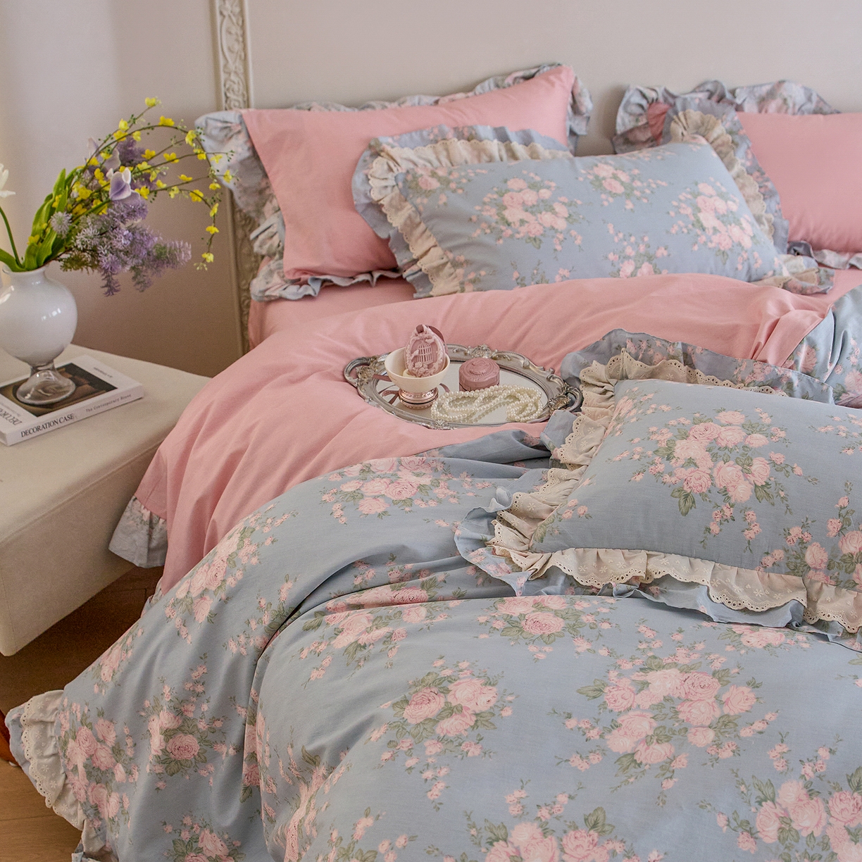 91家纺网 家纺一手货源 找家纺 清雅福 2025春夏新品全棉13372法式双层花边系列四件套 安妮公主兰