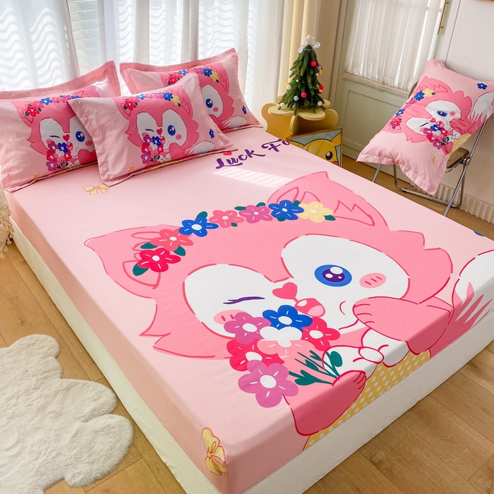91家纺网 家纺一手货源 找家纺 一电 2024新款卡通床单床笠棕垫床套防尘罩席床垫保护套卡通儿童上下床床单床笠-第二批 花朵狐