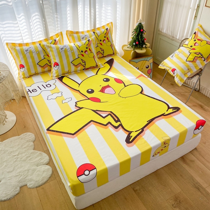 91家纺网 家纺一手货源 找家纺 一电 2024新款卡通床单床笠棕垫床套防尘罩席床垫保护套卡通儿童上下床床单床笠-第二批 开心皮卡丘