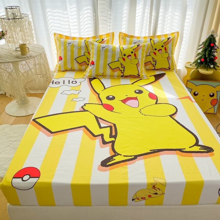 91家纺网 家纺一手货源 找家纺 一电 2024新款卡通床单床笠棕垫床套防尘罩席床垫保护套卡通儿童上下床床单床笠-第二批 开心皮卡丘