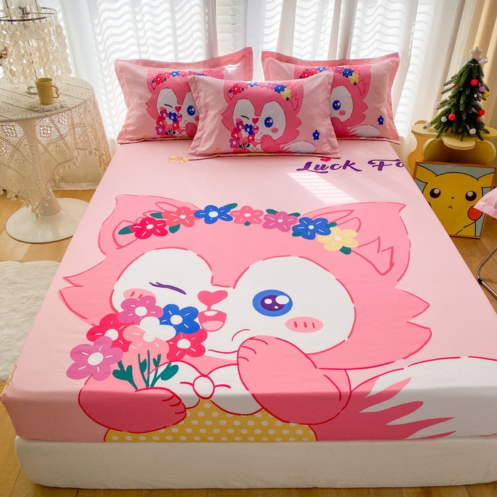 91家纺网 家纺一手货源 找家纺 一电 2024新款卡通床单床笠棕垫床套防尘罩席床垫保护套卡通儿童上下床床单床笠-第二批 花朵狐