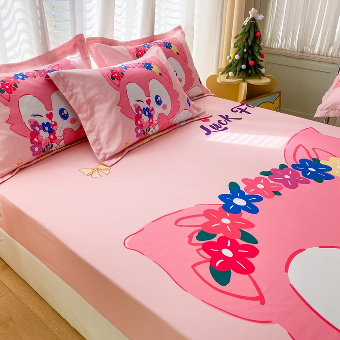 91家纺网 家纺一手货源 找家纺 一电 2024新款卡通床单床笠棕垫床套防尘罩席床垫保护套卡通儿童上下床床单床笠-第二批 花朵狐