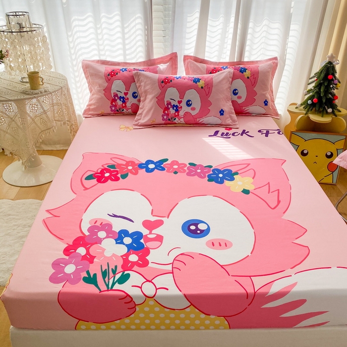91家纺网 家纺一手货源 找家纺 一电 2024新款卡通床单床笠棕垫床套防尘罩席床垫保护套卡通儿童上下床床单床笠-第二批 花朵狐