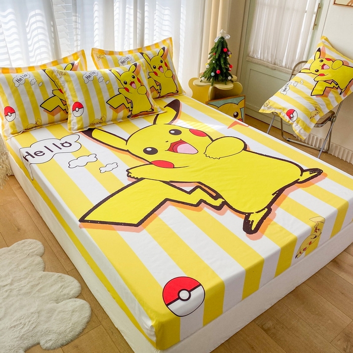 91家纺网 家纺一手货源 找家纺 一电 2024新款卡通床单床笠棕垫床套防尘罩席床垫保护套卡通儿童上下床床单床笠-第二批 开心皮卡丘