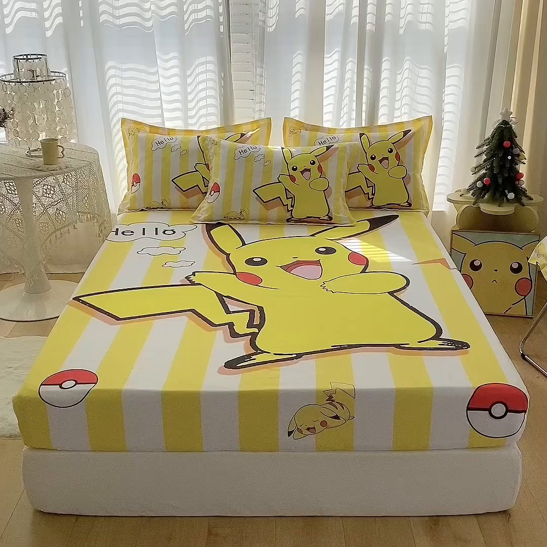 91家纺网 家纺一手货源 找家纺 一电 2024新款卡通床单床笠棕垫床套防尘罩席床垫保护套卡通儿童上下床床单床笠-第二批 开心皮卡丘