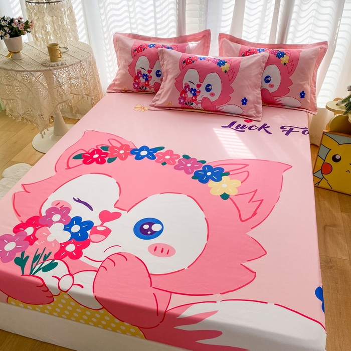 91家纺网 家纺一手货源 找家纺 一电 2024新款卡通床单床笠棕垫床套防尘罩席床垫保护套卡通儿童上下床床单床笠-第二批 花朵狐