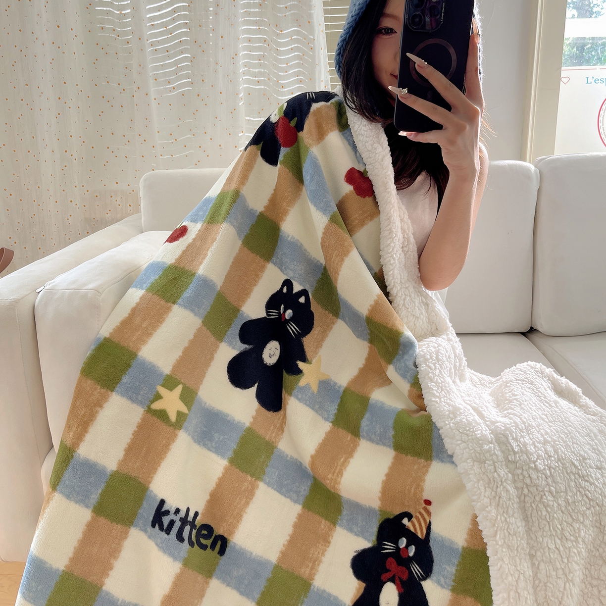 桃子家居 2025新款A类ins小清新少女可爱奶油猫咪卡通加厚牛奶绒羊羔绒毛毯多功能毛毯绒毛毯-MT哈曼苹果猫