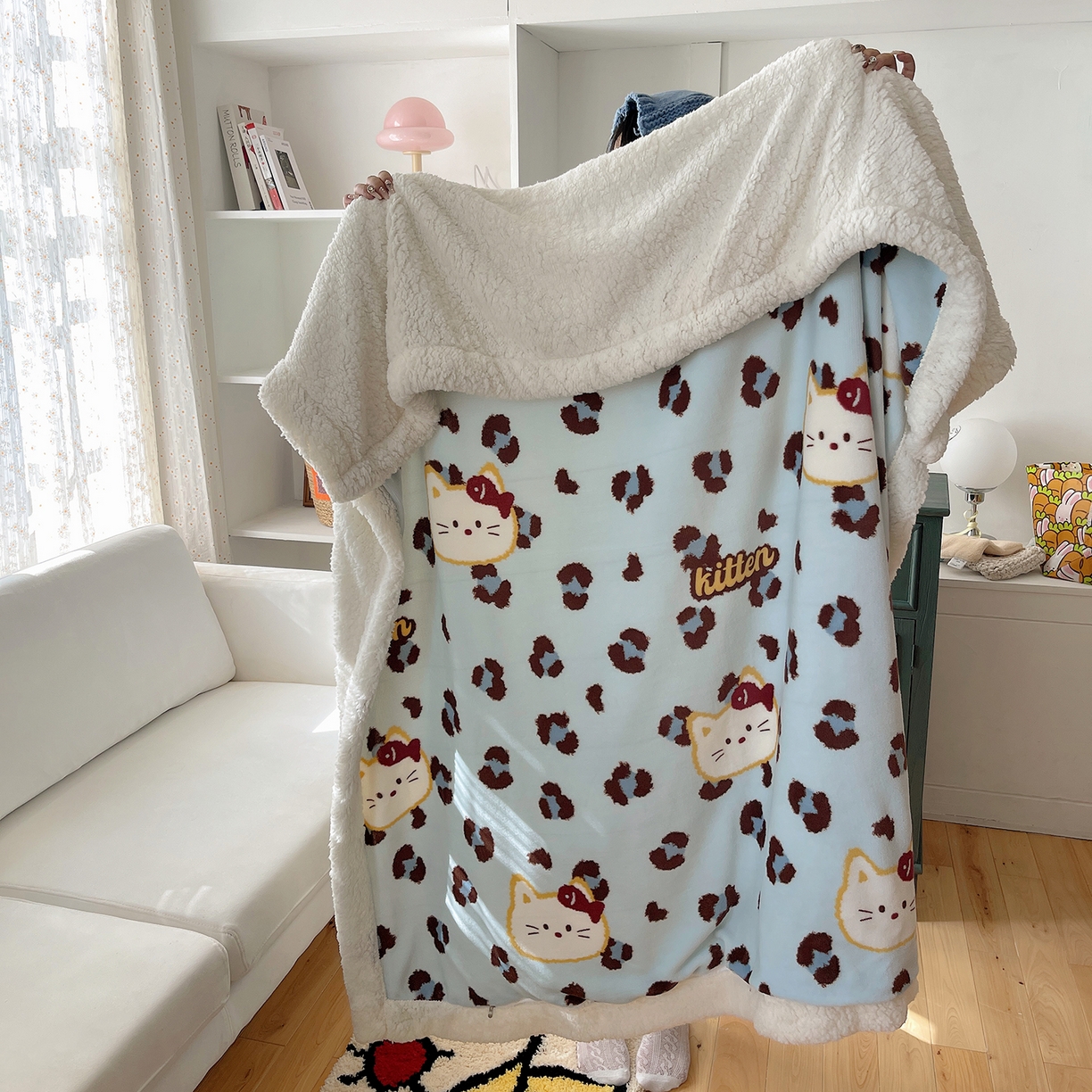 91家纺网 家纺一手货源 找家纺 桃子家居 2025新款A类ins小清新少女可爱奶油猫咪卡通加厚牛奶绒羊羔绒毛毯多功能毛毯绒毛毯-MT蓝豹纹喵
