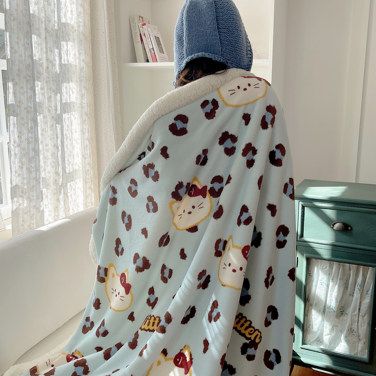 91家纺网 家纺一手货源 找家纺 桃子家居 2025新款A类ins小清新少女可爱奶油猫咪卡通加厚牛奶绒羊羔绒毛毯多功能毛毯绒毛毯-MT蓝豹纹喵