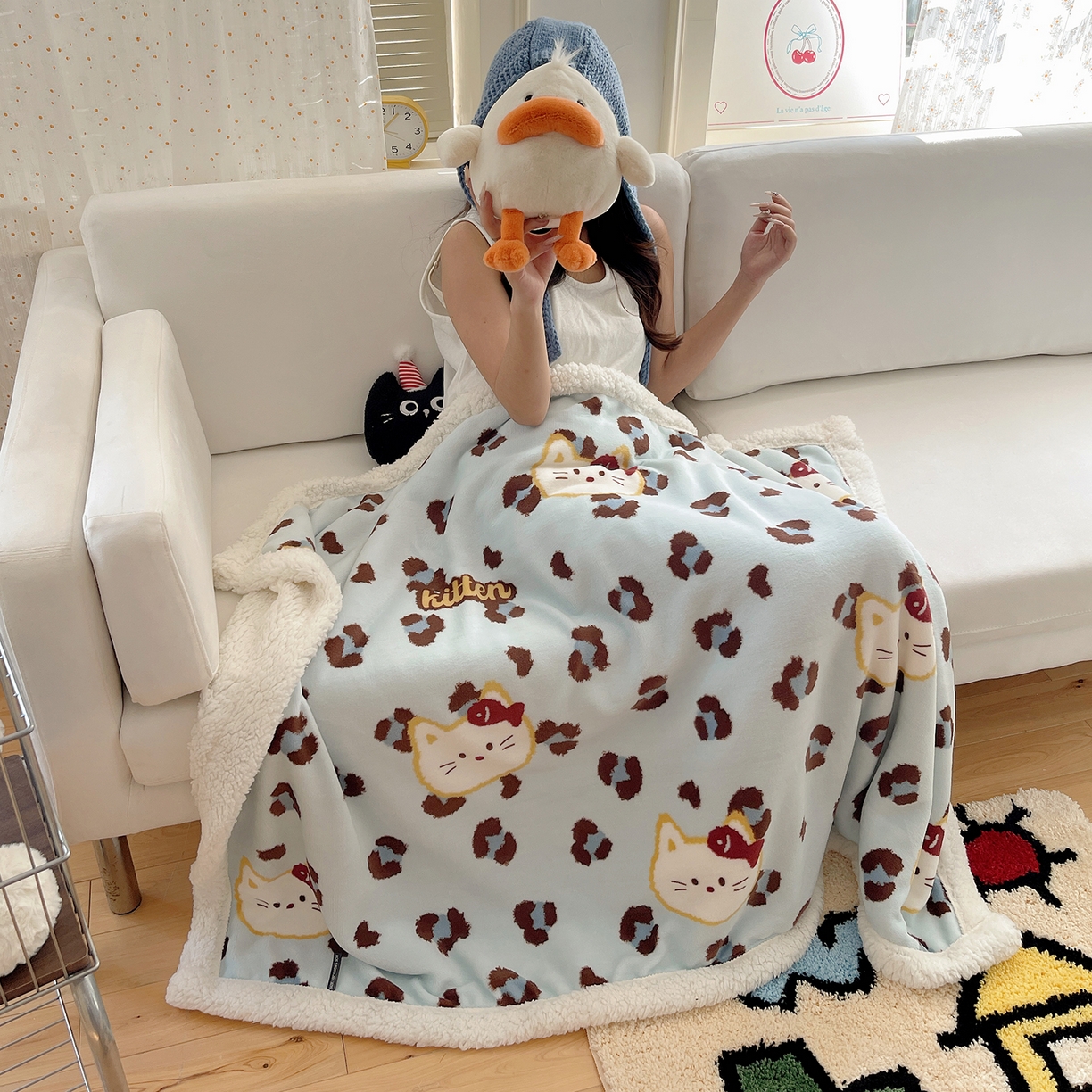 91家纺网 家纺一手货源 找家纺 桃子家居 2025新款A类ins小清新少女可爱奶油猫咪卡通加厚牛奶绒羊羔绒毛毯多功能毛毯绒毛毯-MT蓝豹纹喵