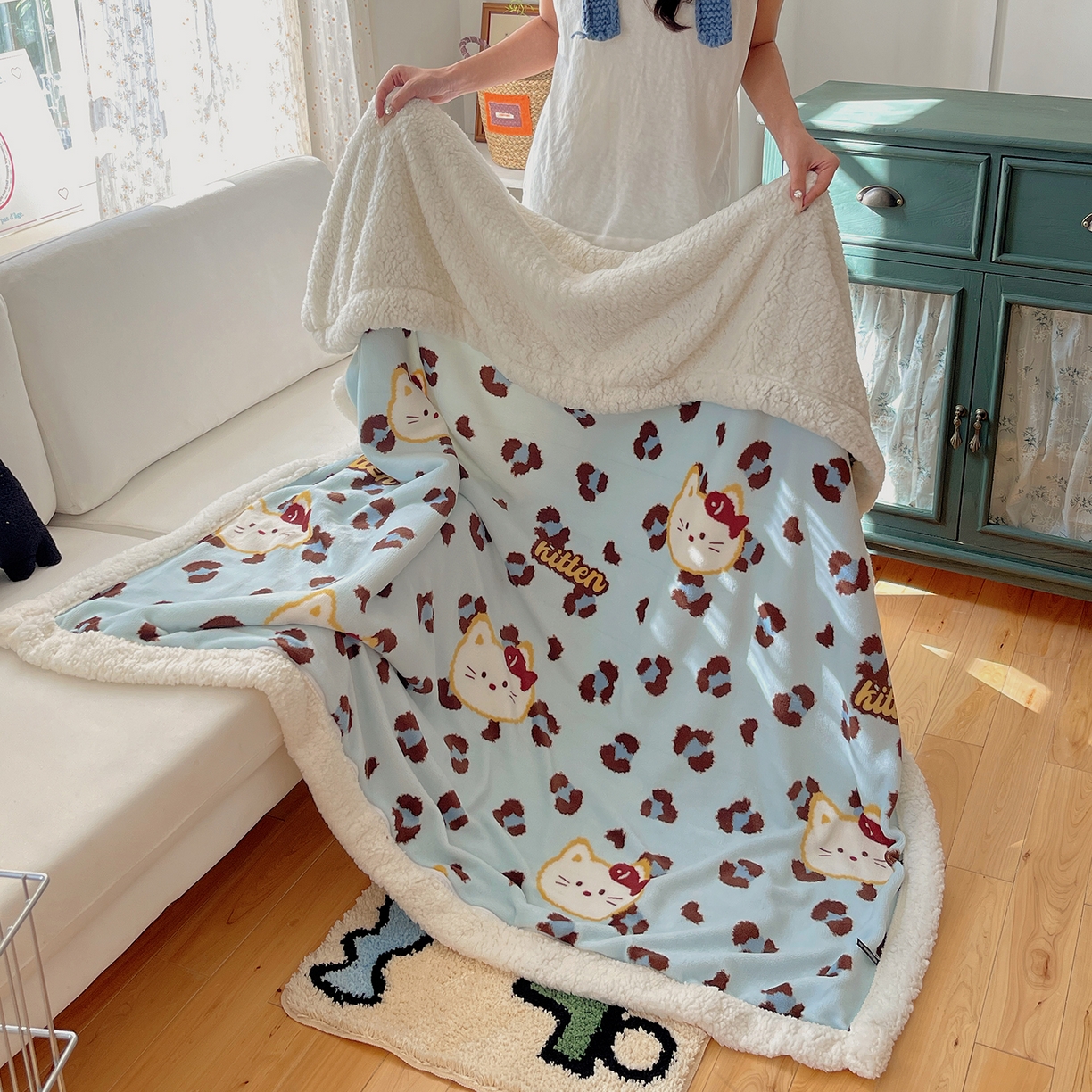 91家纺网 家纺一手货源 找家纺 桃子家居 2025新款A类ins小清新少女可爱奶油猫咪卡通加厚牛奶绒羊羔绒毛毯多功能毛毯绒毛毯-MT蓝豹纹喵