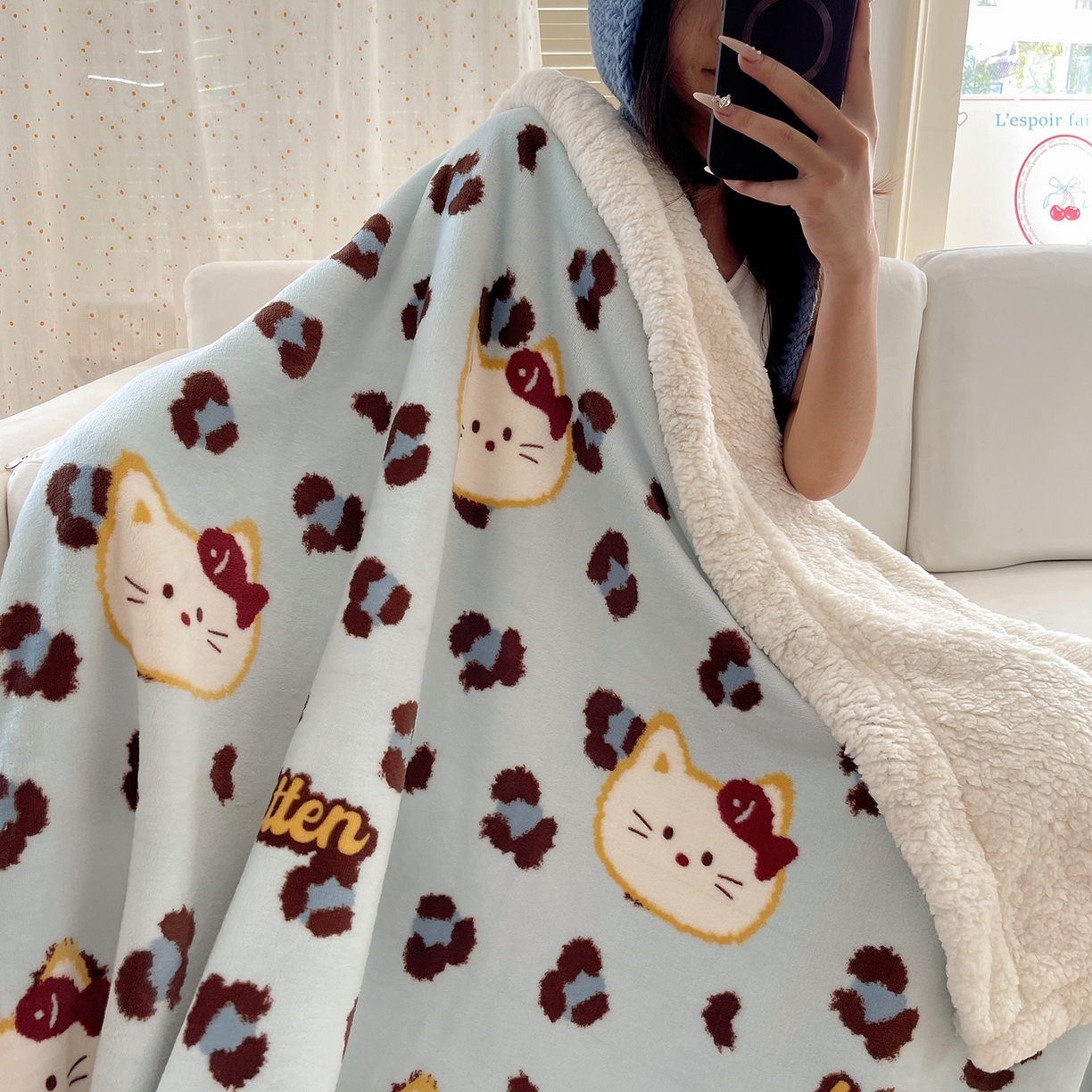 桃子家居 2025新款A类ins小清新少女可爱奶油猫咪卡通加厚牛奶绒羊羔绒毛毯多功能毛毯绒毛毯-MT蓝豹纹喵
