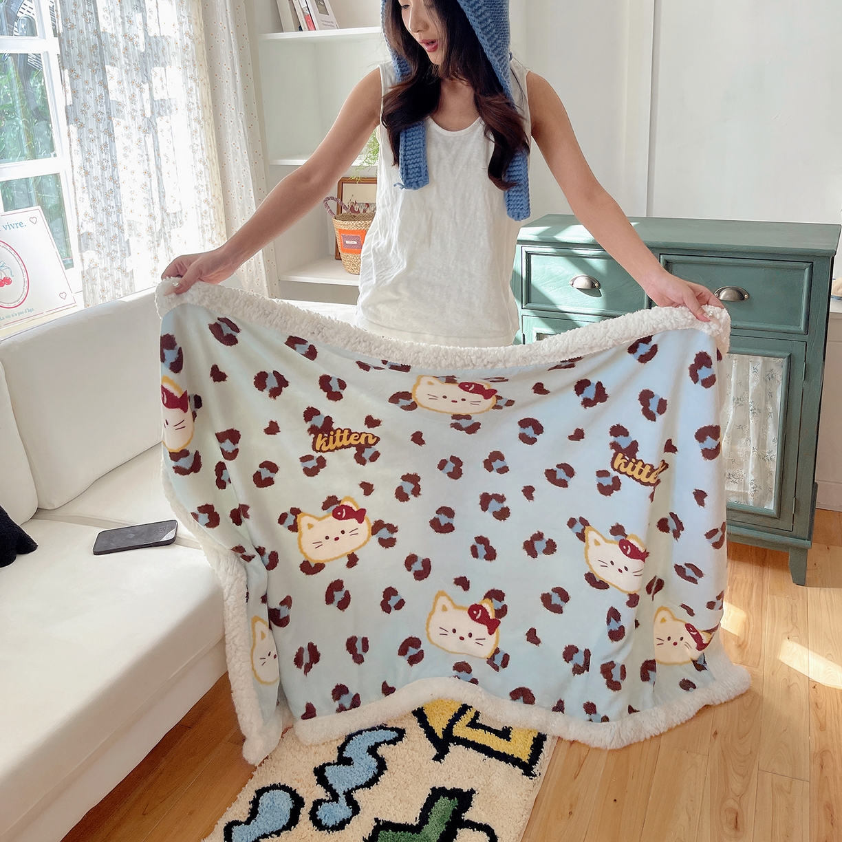 91家纺网 家纺一手货源 找家纺 桃子家居 2025新款A类ins小清新少女可爱奶油猫咪卡通加厚牛奶绒羊羔绒毛毯多功能毛毯绒毛毯-MT蓝豹纹喵