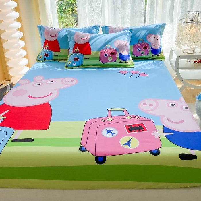 91家纺网 家纺一手货源 找家纺 一电 2024新款卡通床单床笠棕垫床套防尘罩席床垫保护套卡通儿童上下床床单床笠-第三批 旅行佩奇