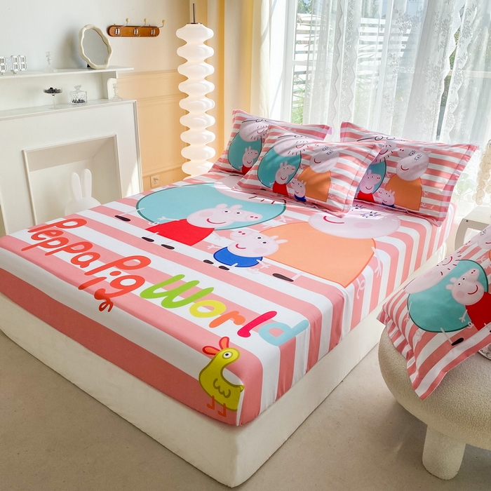 91家纺网 家纺一手货源 找家纺 一电 2024新款卡通床单床笠棕垫床套防尘罩席床垫保护套卡通儿童上下床床单床笠-第三批 佩奇一家人