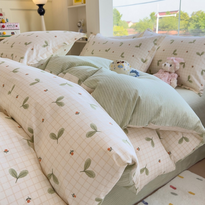 91家纺网 家纺一手货源 找家纺 鑫宇 2025新款全棉纯棉13372小清新印花四件套 春芽小月