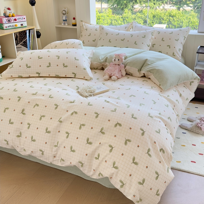 91家纺网 家纺一手货源 找家纺 鑫宇 2025新款全棉纯棉13372小清新印花四件套 春芽小月