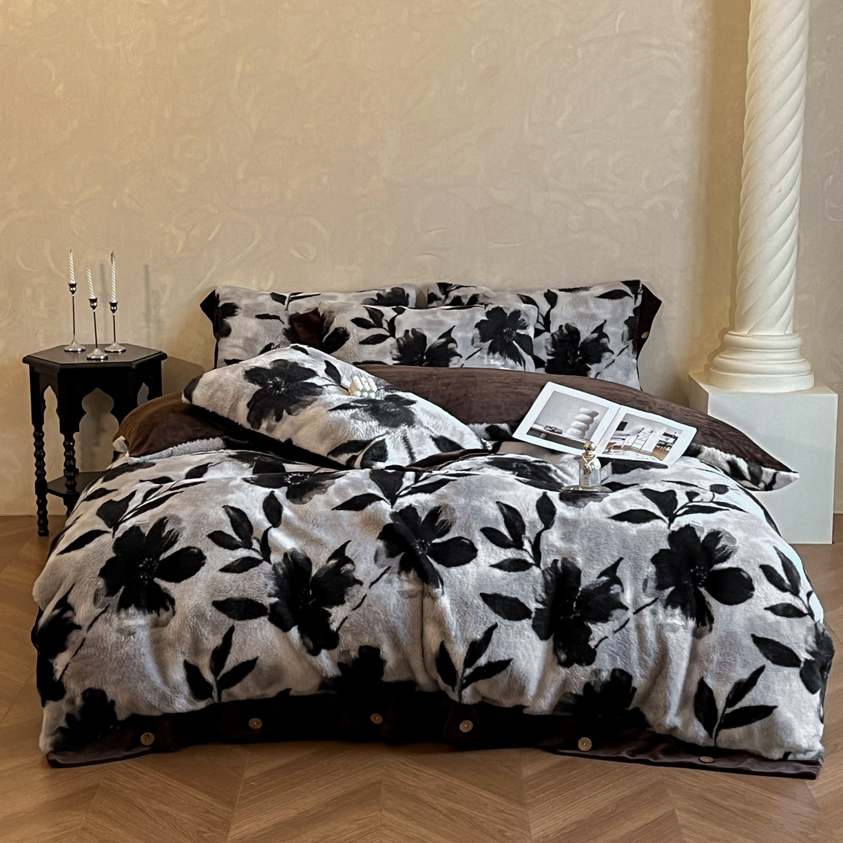 晚爱家居  2025新款纽扣款兔毛绒美拉德轻奢风高克重皮草兔绒四件套系列 纽扣-灰色枫叶