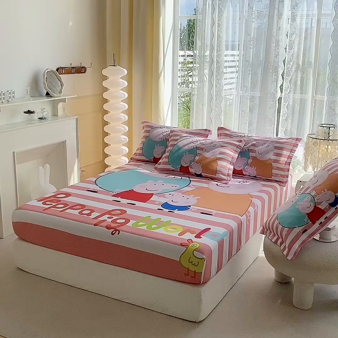 91家纺网 家纺一手货源 找家纺 一电 2024新款卡通床单床笠棕垫床套防尘罩席床垫保护套卡通儿童上下床床单床笠-第三批 佩奇一家人