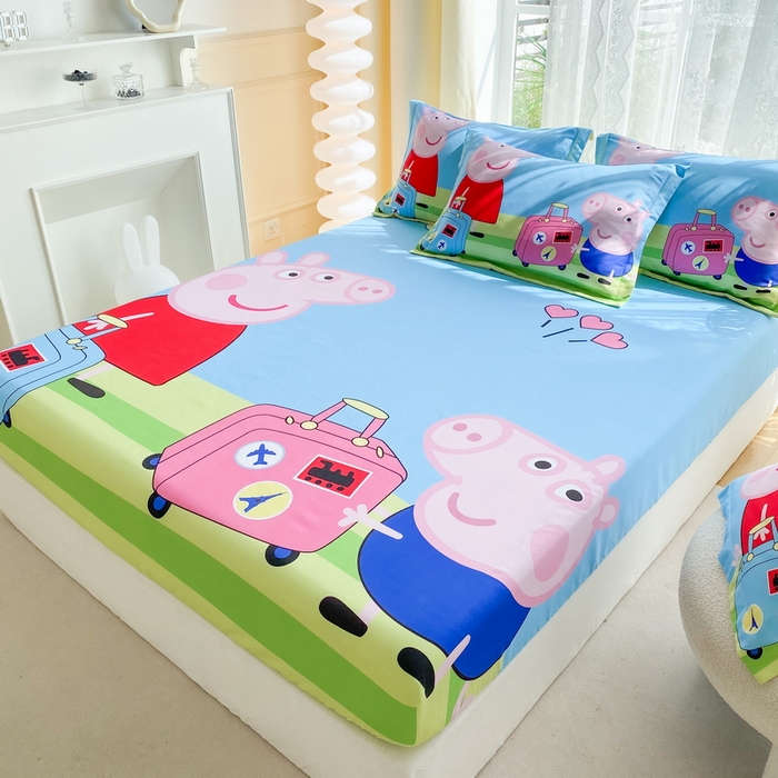 91家纺网 家纺一手货源 找家纺 一电 2024新款卡通床单床笠棕垫床套防尘罩席床垫保护套卡通儿童上下床床单床笠-第三批 旅行佩奇