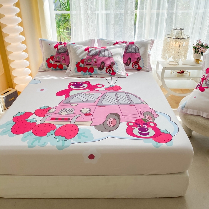 91家纺网 家纺一手货源 找家纺 一电 2024新款卡通床单床笠棕垫床套防尘罩席床垫保护套卡通儿童上下床床单床笠-第三批 汽车草莓熊