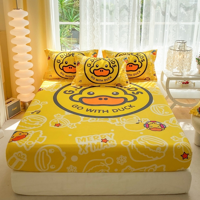 91家纺网 家纺一手货源 找家纺 一电 2024新款卡通床单床笠棕垫床套防尘罩席床垫保护套卡通儿童上下床床单床笠-第三批 黄小鸭