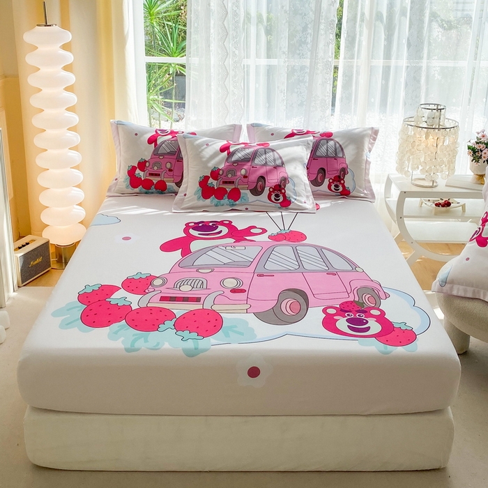 91家纺网 家纺一手货源 找家纺 一电 2024新款卡通床单床笠棕垫床套防尘罩席床垫保护套卡通儿童上下床床单床笠-第三批 汽车草莓熊
