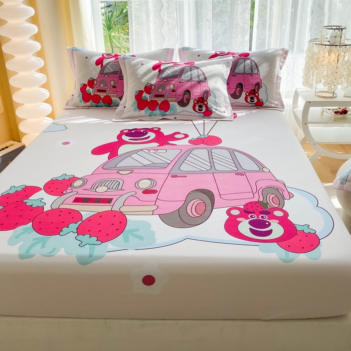 91家纺网 家纺一手货源 找家纺 一电 2024新款卡通床单床笠棕垫床套防尘罩席床垫保护套卡通儿童上下床床单床笠-第三批 汽车草莓熊
