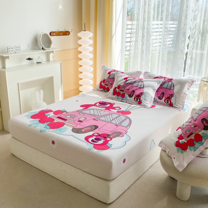 91家纺网 家纺一手货源 找家纺 一电 2024新款卡通床单床笠棕垫床套防尘罩席床垫保护套卡通儿童上下床床单床笠-第三批 汽车草莓熊