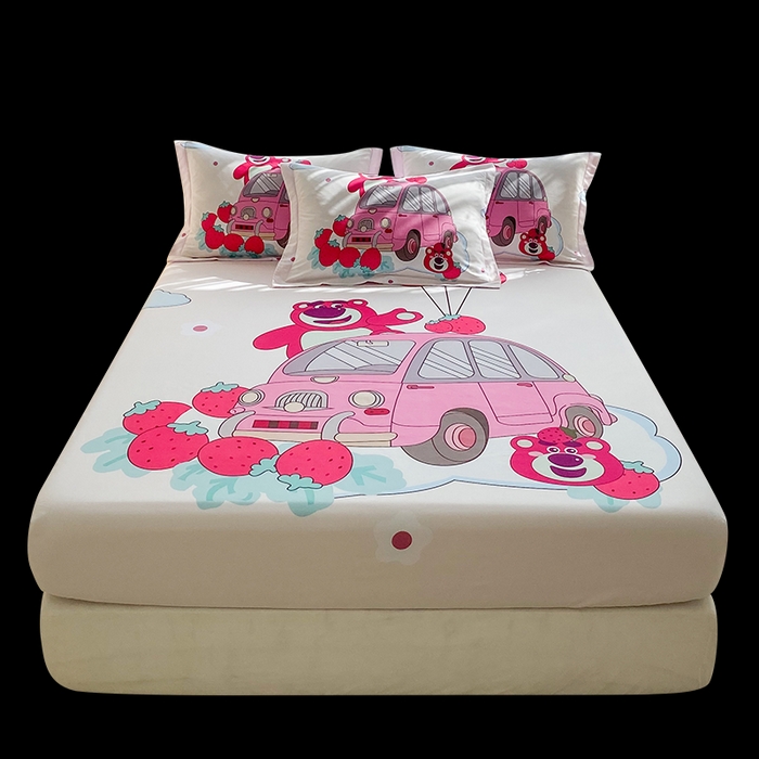 91家纺网 家纺一手货源 找家纺 一电 2024新款卡通床单床笠棕垫床套防尘罩席床垫保护套卡通儿童上下床床单床笠-第三批 汽车草莓熊