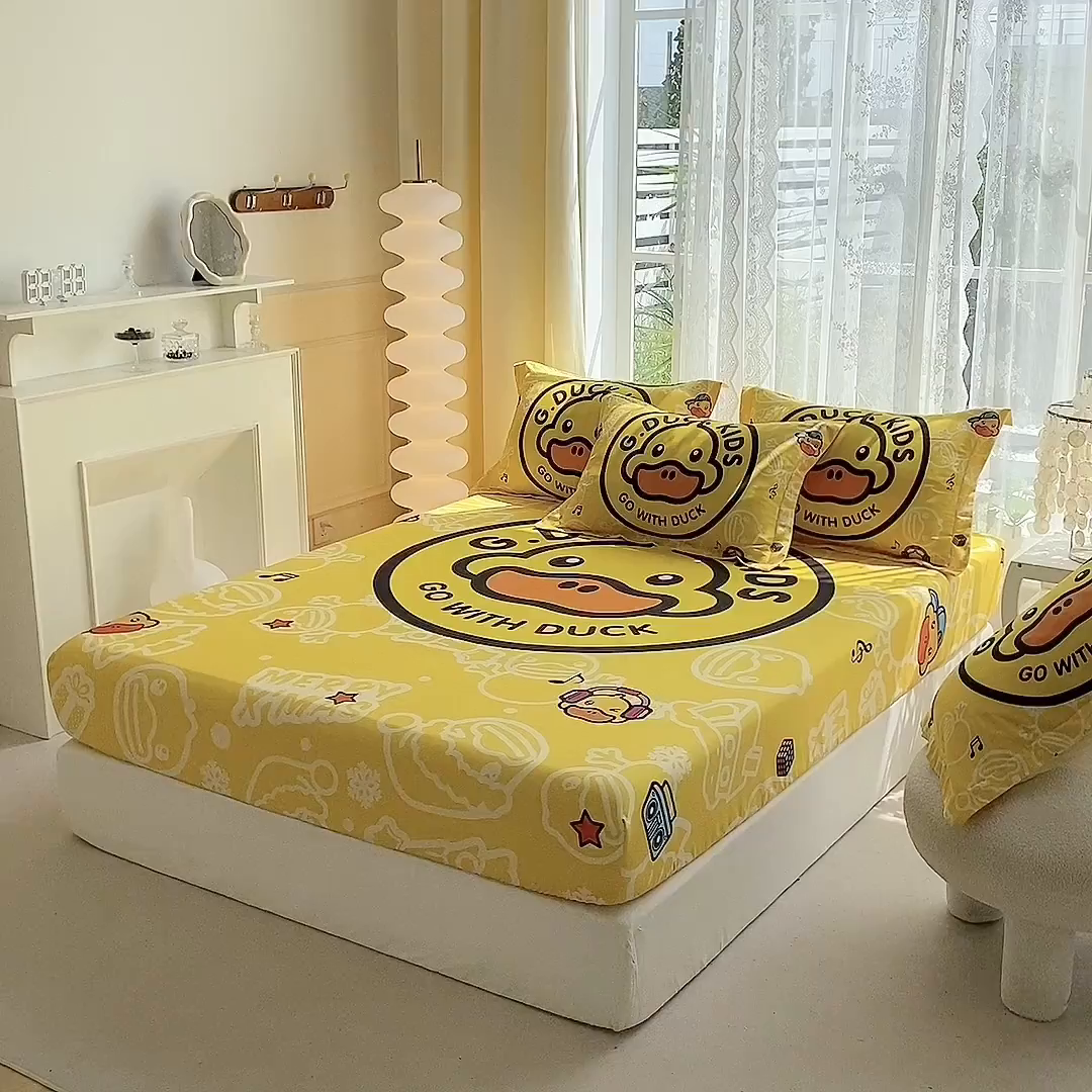 91家纺网 家纺一手货源 找家纺 一电 2024新款卡通床单床笠棕垫床套防尘罩席床垫保护套卡通儿童上下床床单床笠-第三批 黄小鸭