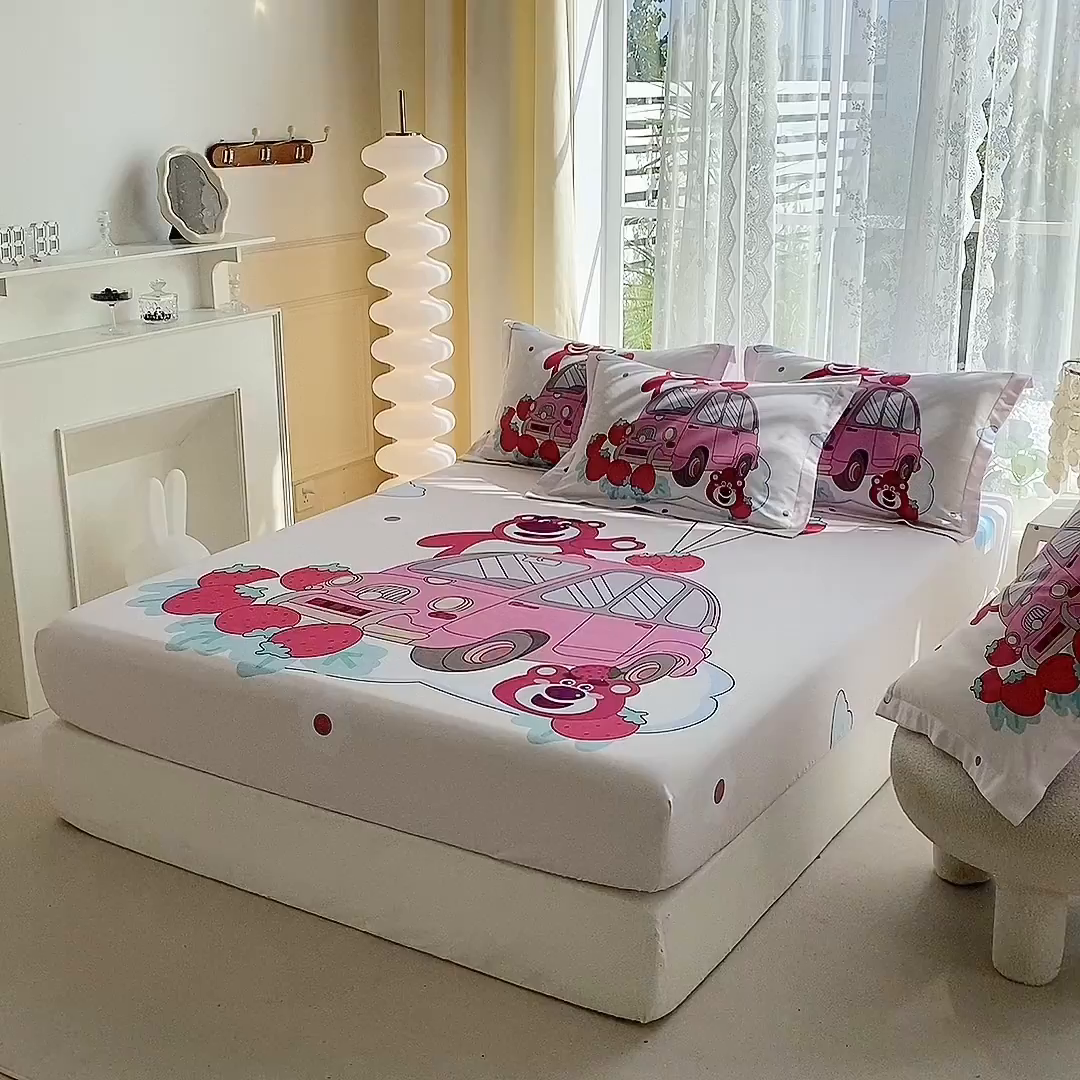 91家纺网 家纺一手货源 找家纺 一电 2024新款卡通床单床笠棕垫床套防尘罩席床垫保护套卡通儿童上下床床单床笠-第三批 汽车草莓熊