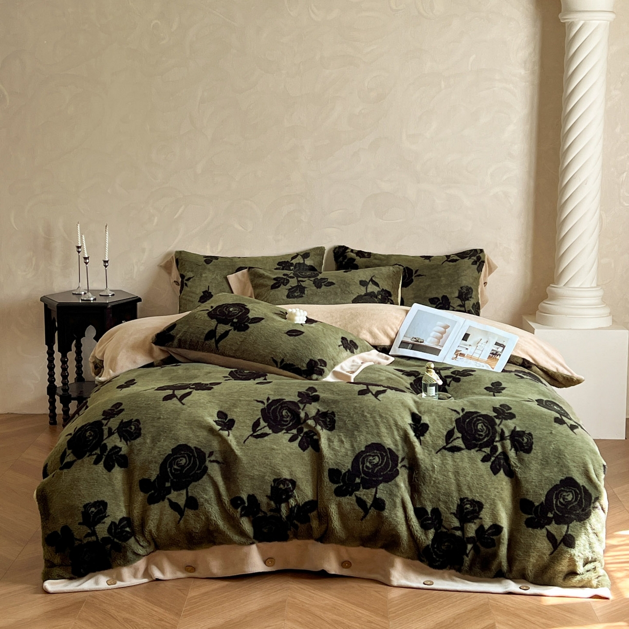 晚爱家居  2025新款纽扣款兔毛绒美拉德轻奢风高克重皮草兔绒四件套系列 纽扣-花韵绿