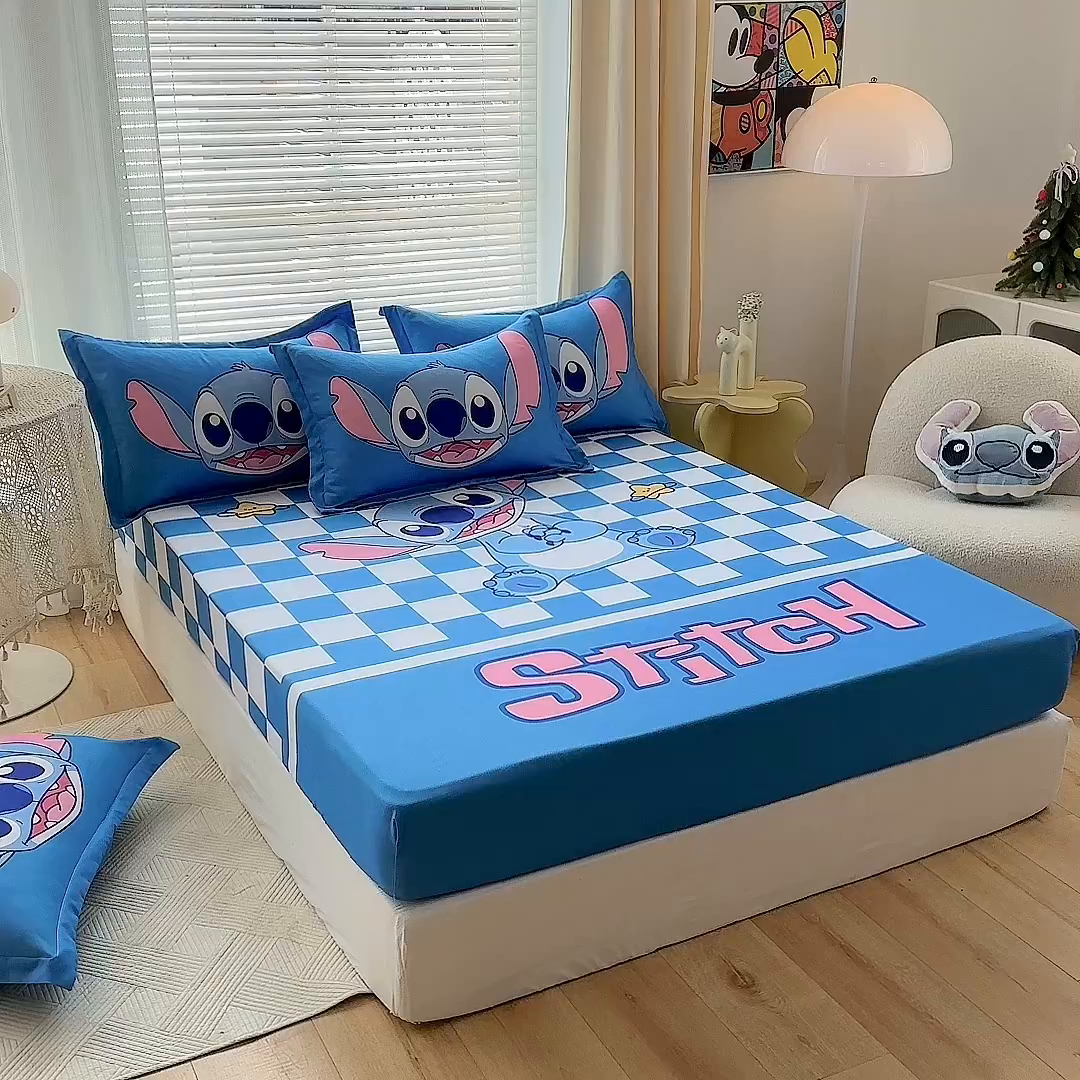 91家纺网 家纺一手货源 找家纺 一电 2025卡通床单床笠棕垫床套防尘罩席床垫保护套卡通儿童上下床床单床笠第四批 蓝格史迪仔