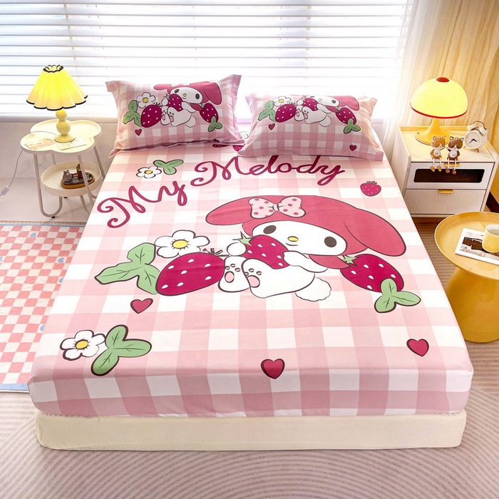 91家纺网 家纺一手货源 找家纺 一电 2025卡通床单床笠棕垫床套防尘罩席床垫保护套卡通儿童上下床床单床笠第五批 草莓美乐蒂