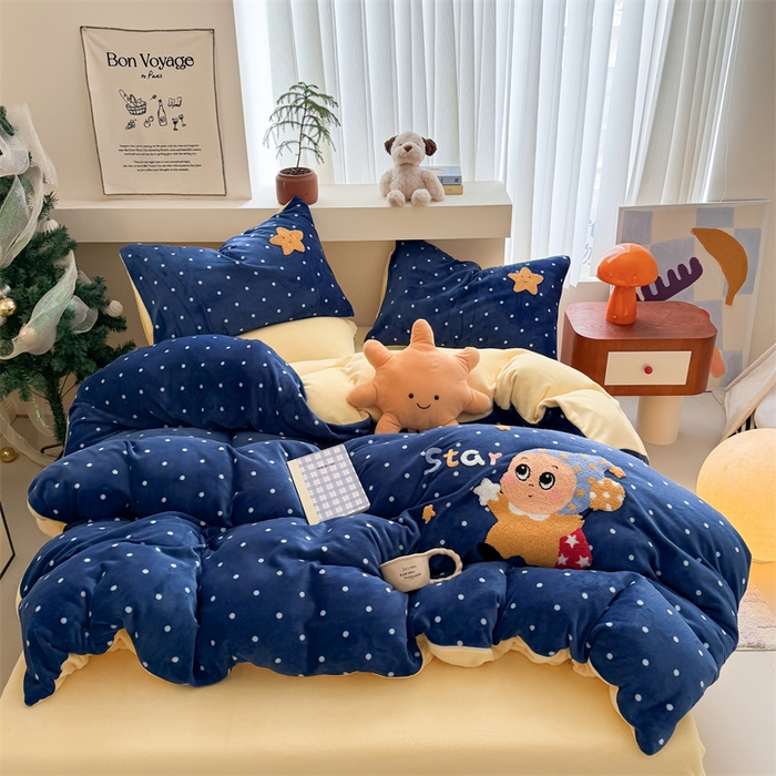 91家纺网 家纺一手货源 找家纺 艾特你 2025新款毛巾绣200克牛奶绒卡通毛巾绣四件套 星月宝宝