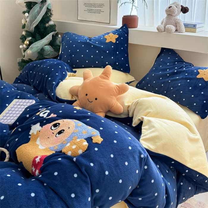 91家纺网 家纺一手货源 找家纺 艾特你 2025新款毛巾绣200克牛奶绒卡通毛巾绣四件套 星月宝宝