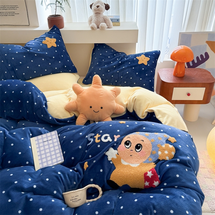 91家纺网 家纺一手货源 找家纺 艾特你 2025新款毛巾绣200克牛奶绒卡通毛巾绣四件套 星月宝宝