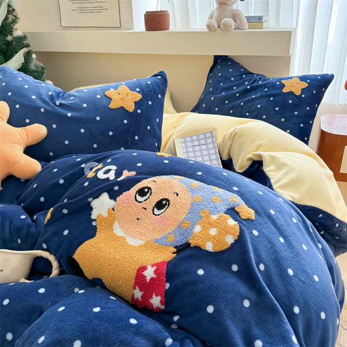 91家纺网 家纺一手货源 找家纺 艾特你 2025新款毛巾绣200克牛奶绒卡通毛巾绣四件套 星月宝宝