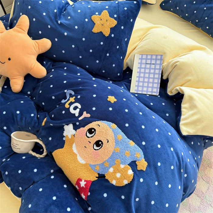 91家纺网 家纺一手货源 找家纺 艾特你 2025新款毛巾绣200克牛奶绒卡通毛巾绣四件套 星月宝宝