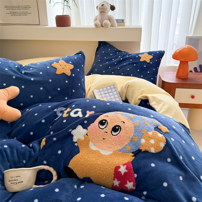 91家纺网 家纺一手货源 找家纺 艾特你 2025新款毛巾绣200克牛奶绒卡通毛巾绣四件套 星月宝宝